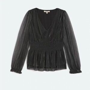 Le Serein Calais Smocked Mesh Long Sleeve Top Shirt Blouse Metallic Small NWT